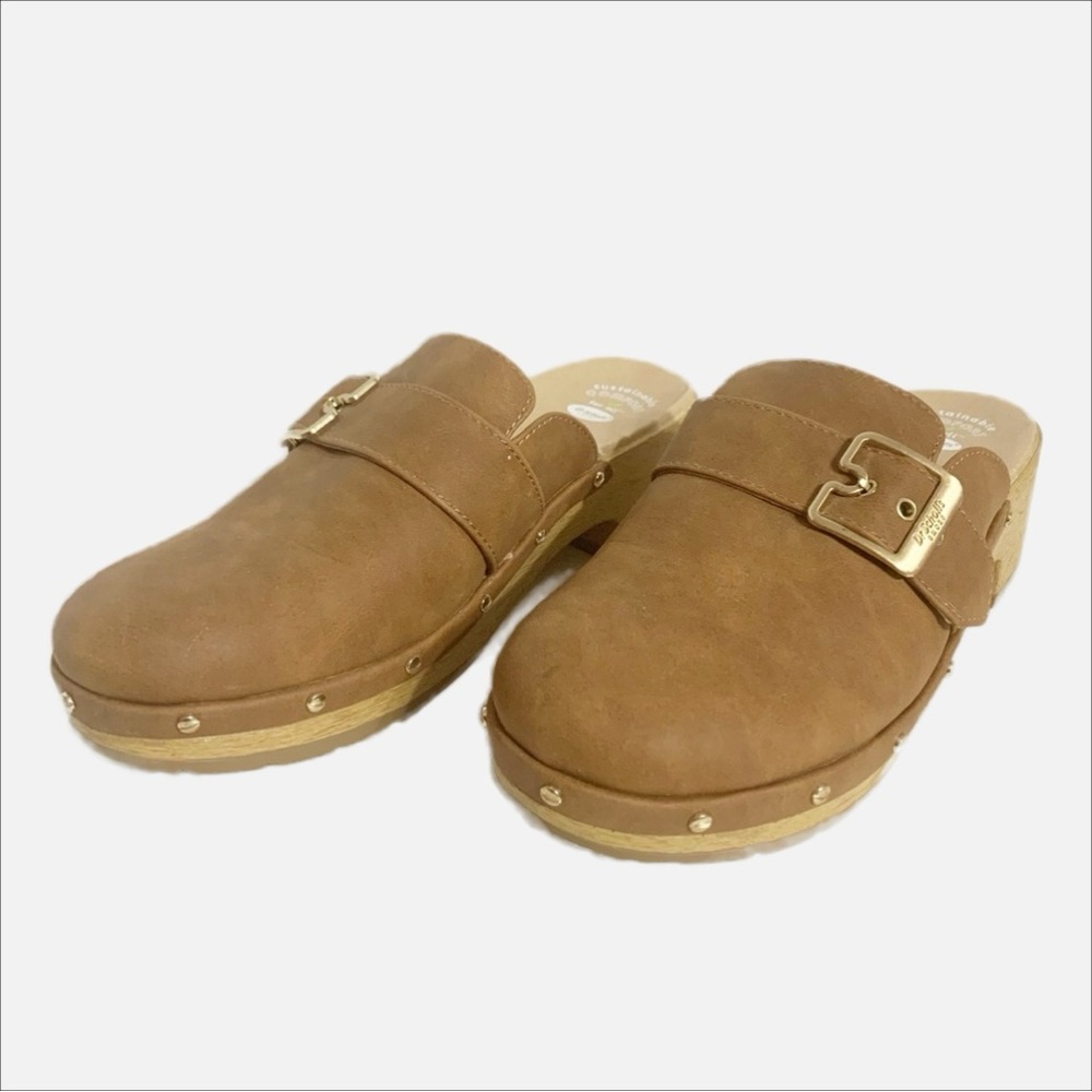 Dr. Scholl’s Faux Leather Studded Slip On Clogs Band Across Vamp with Buckle Tan